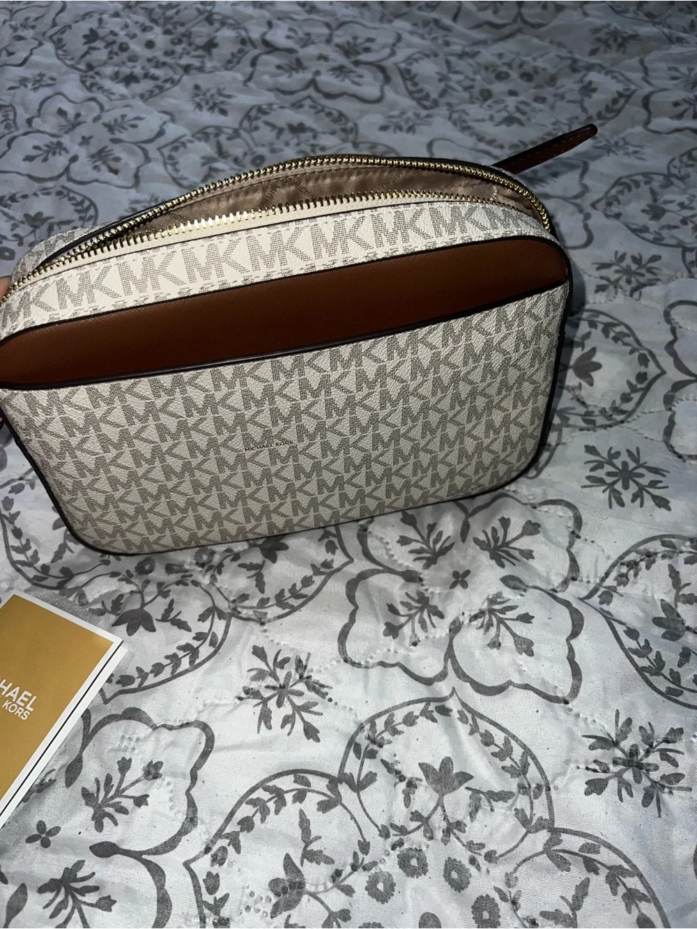 Michael Kors Beige Signature MK Crossbody with Brown Trim and Gold Chain